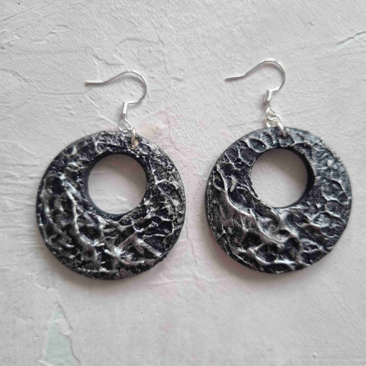 Textured Round Earring - Black and Silver