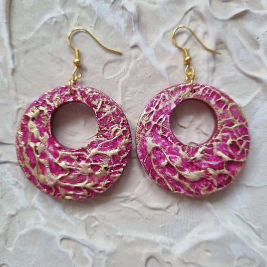 Textured Round Earring - Magenta and Gold