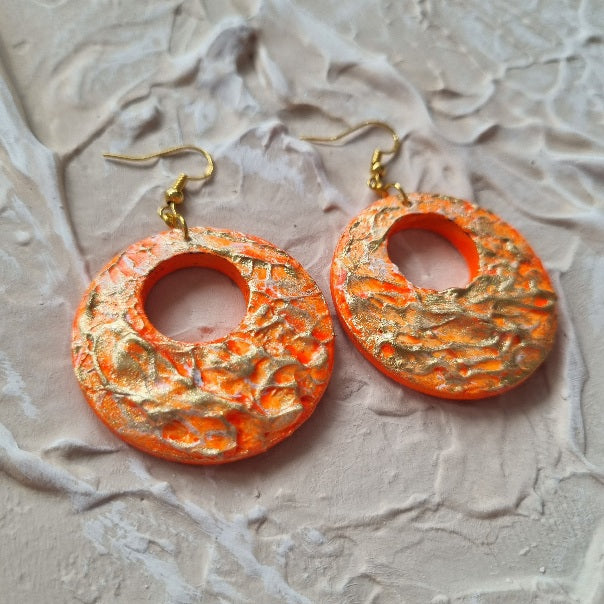 Textured Round Earring - Orange and Gold
