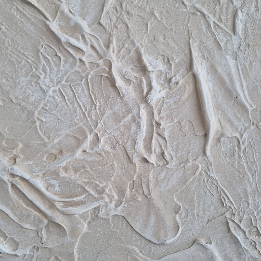 Detail of a light beige monochromic textured painting.