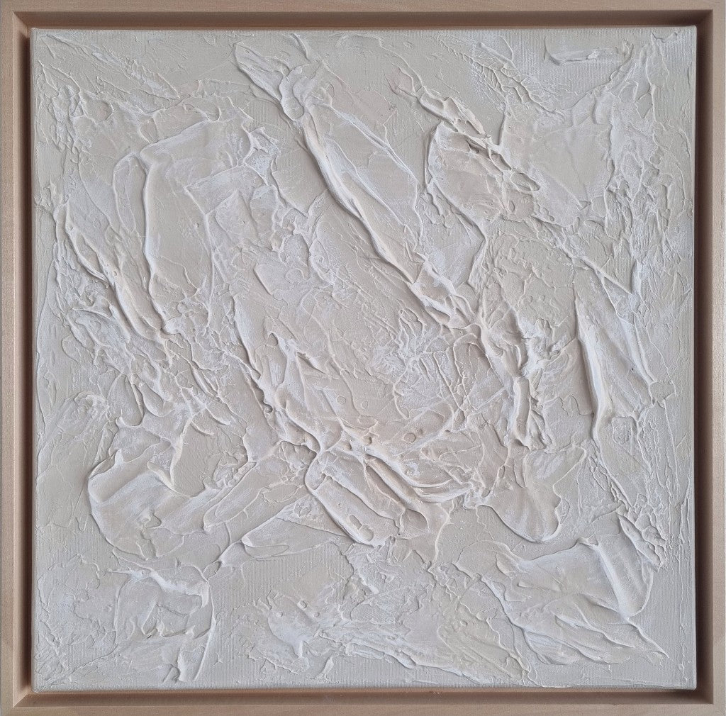 Light beige monochromic textured painting with wooden floating frames.
