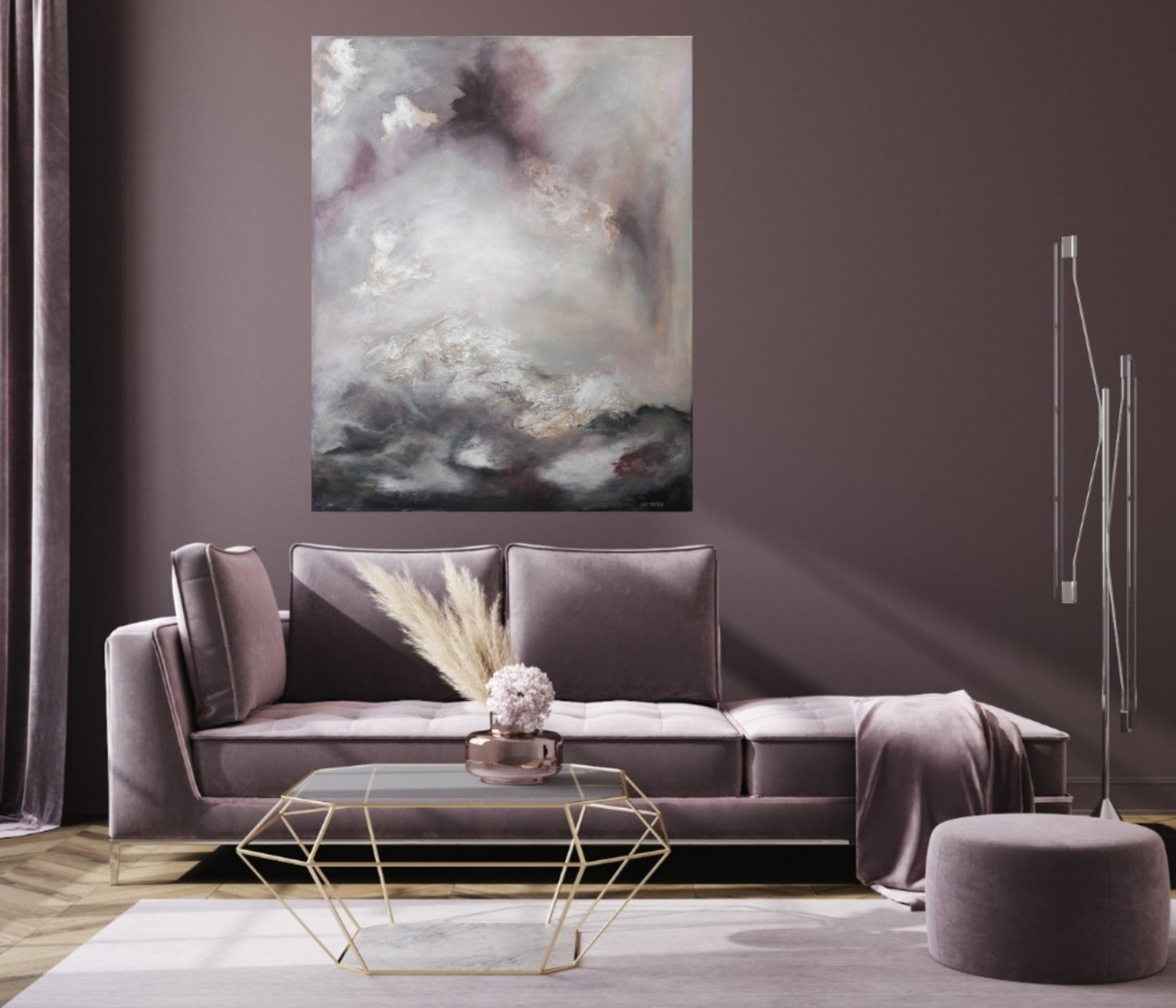 Large abstract artwork in the luxury living room.