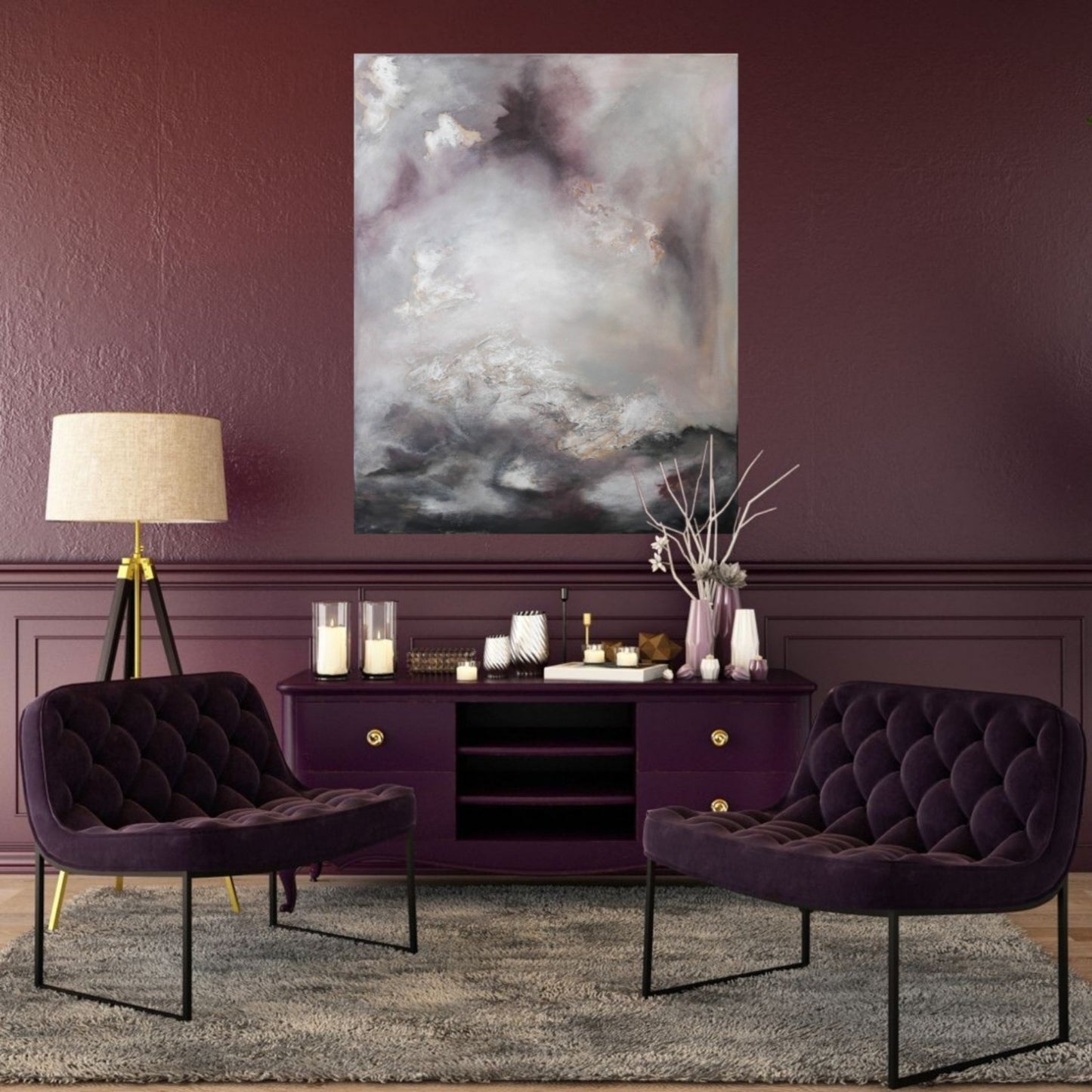 Large high end artwork in the luxury dark purple interior design.