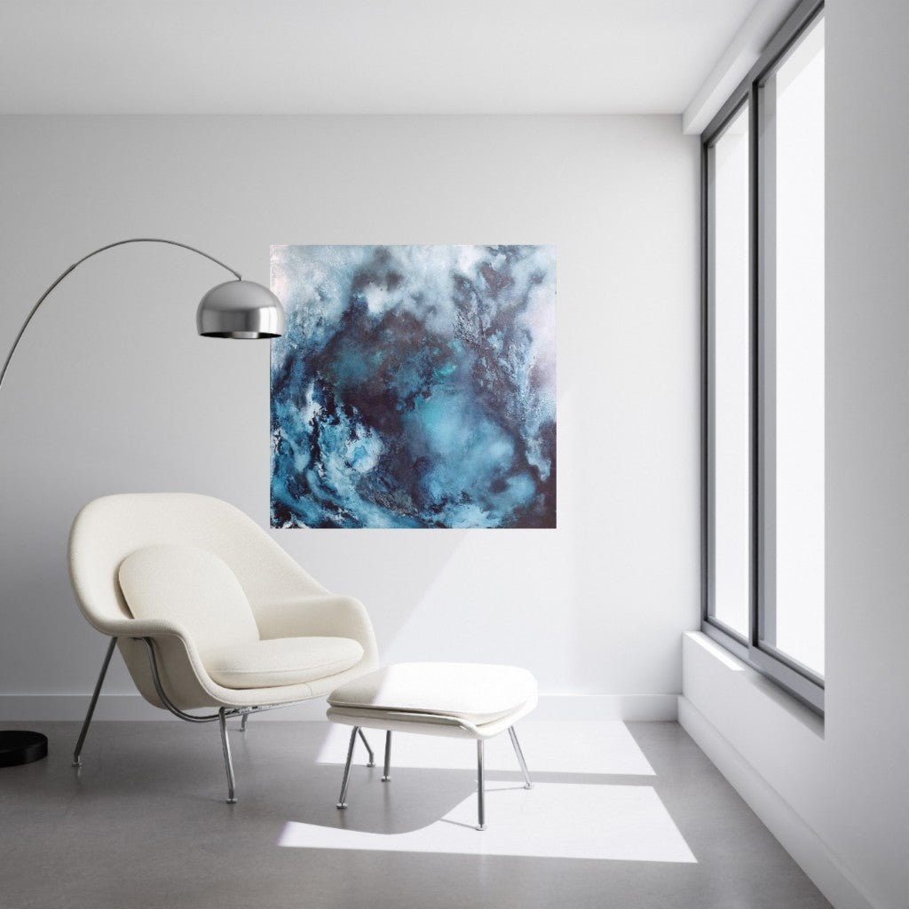 Blue abstract wall decor in the white home.