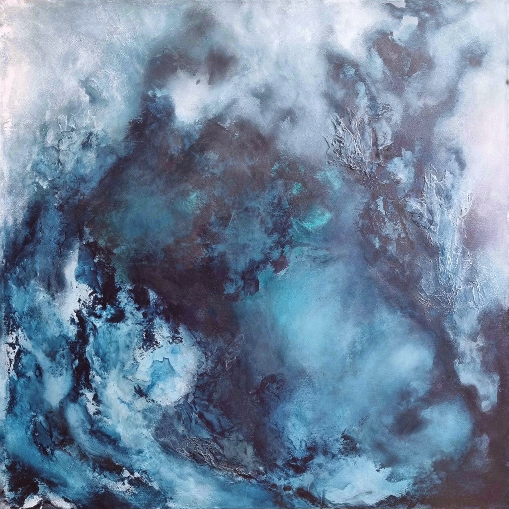 Large blue abstract art for sale in online gallery.