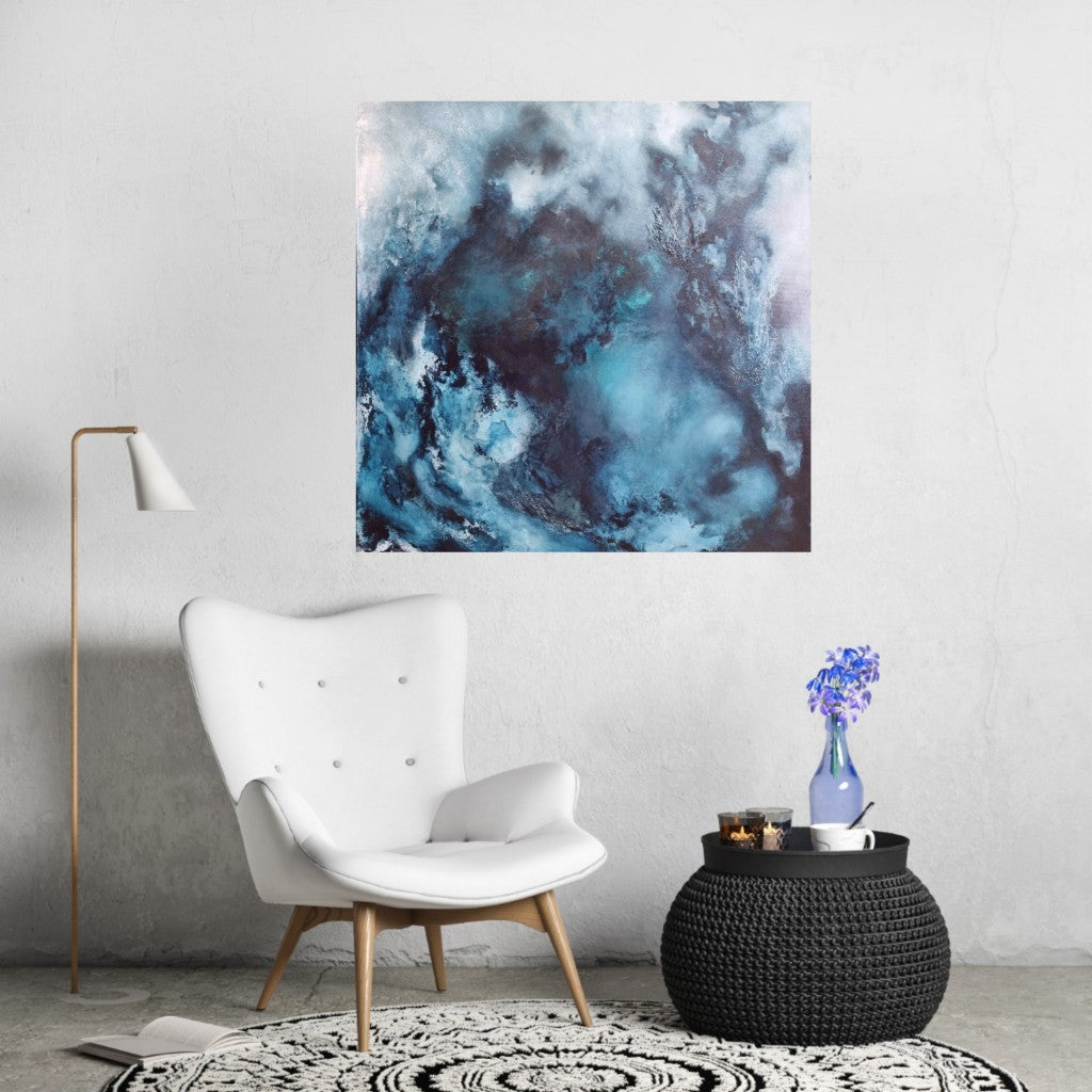 Large blue canvas art in living room.