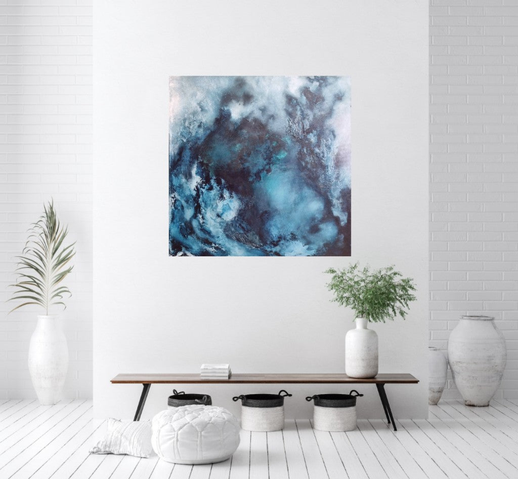 Large contemporary blue canvas painting in the black and white home.