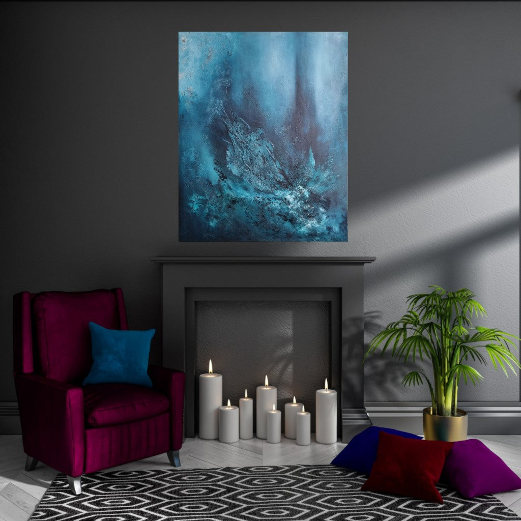 An abstract painting is displayed in a stylish living room setting. The painting features various shades of blue with texture, created using Acrylic paint on canvas. The painting is positioned on a dark gray wall above a fireplace with white candles. A dark red armchair and pillows on the floor complement the warm color scheme of the room.