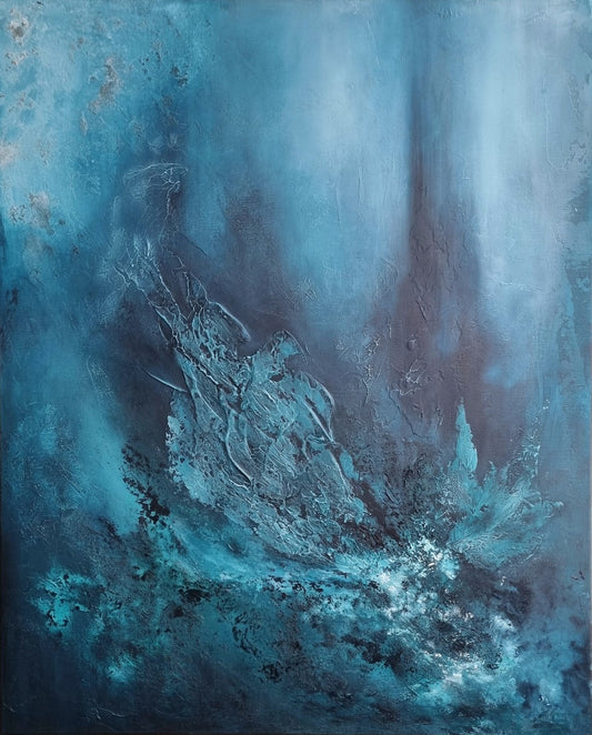 An abstract painting featuring various shades of blue with texture paste, created using acrylic paint on canvas.