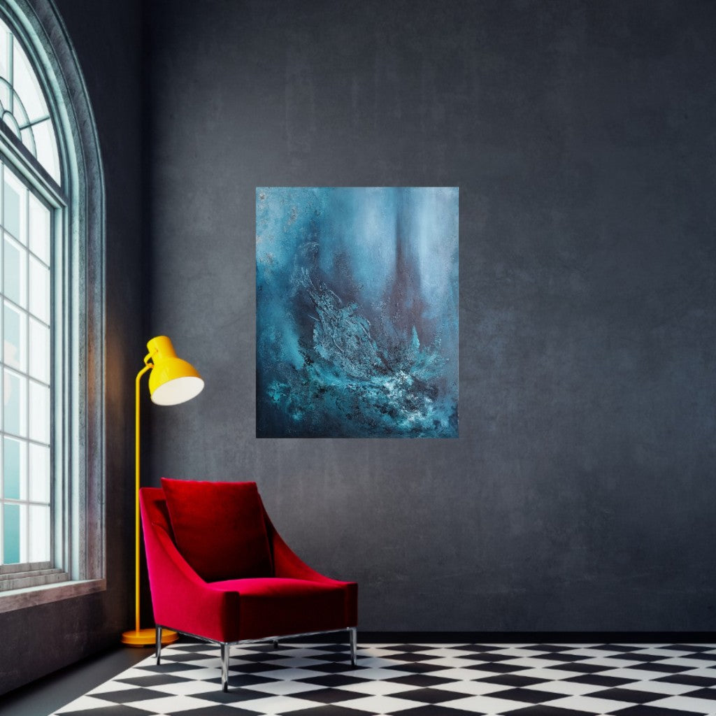 A large blue textured abstract painting is displayed in a stylish loft appartment. The painting is positioned on a dark gray wall above a red armchair, providing a bold contrast to the chessboard-patterned floor.