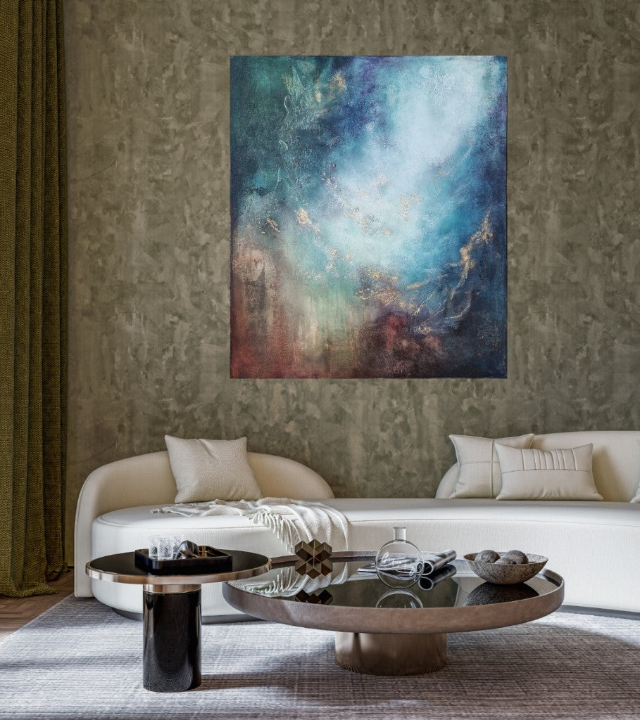 Large colorful artwork in the luxury living room.