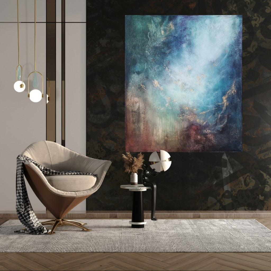 Large colorful artwork in the luxury living room on the dark wall. 