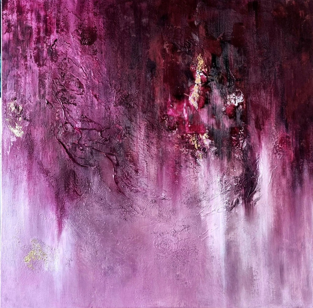 An abstract acrylic painting featuring a textured surface with vibrant colors of pink, magenta, and gold. 