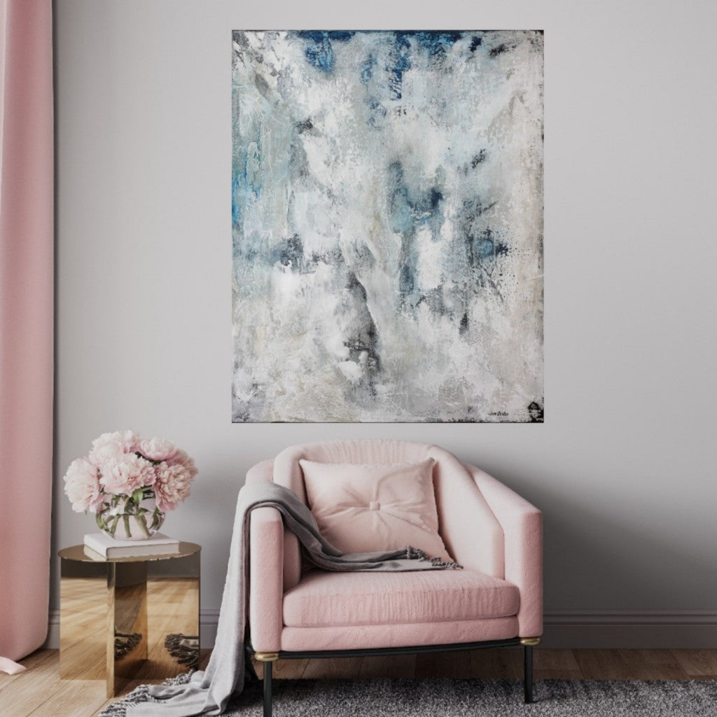 Blue-themed contemporary art combined with pink furniture.