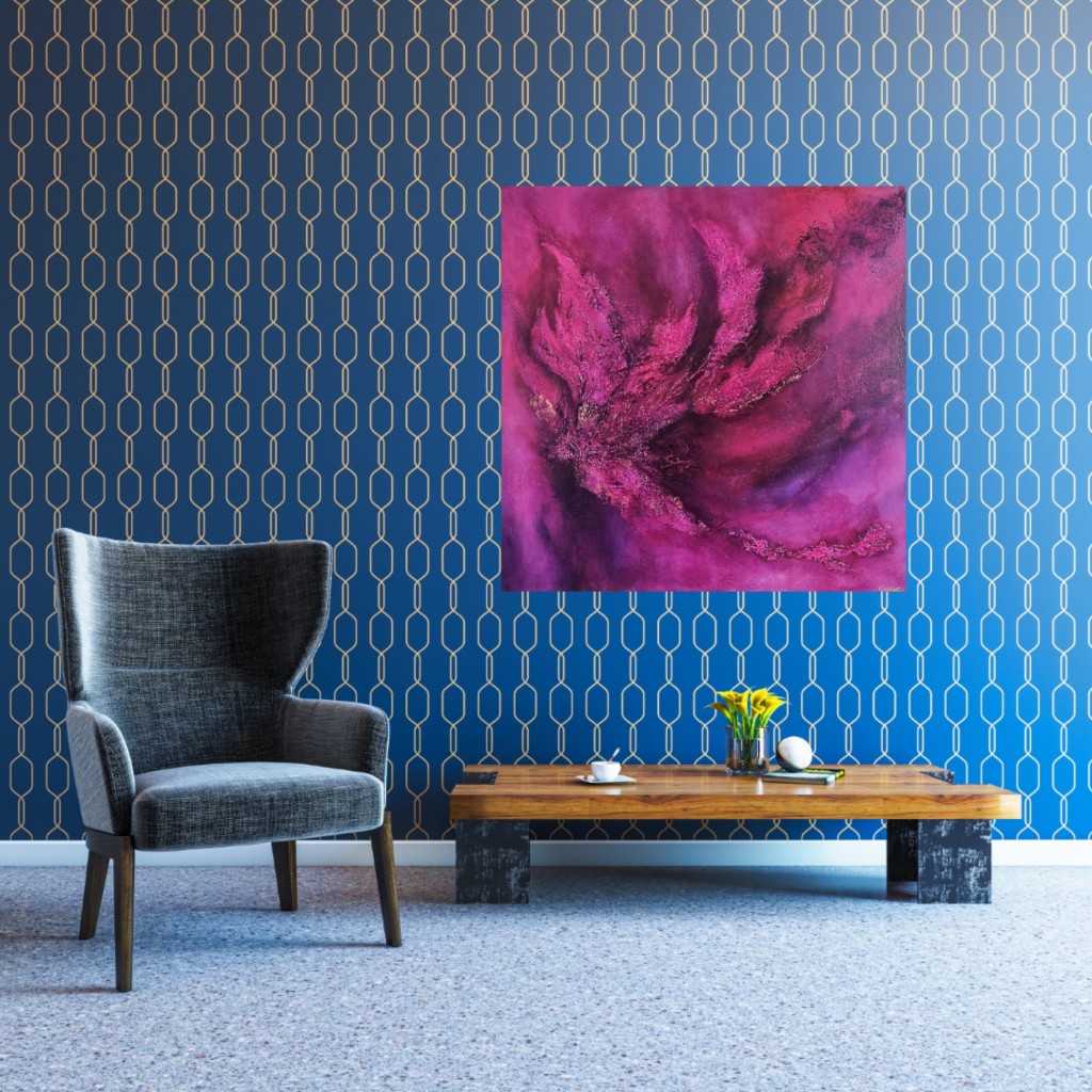 Large pink-purple acrylic painting hanging on the retro blue wall paper wall.