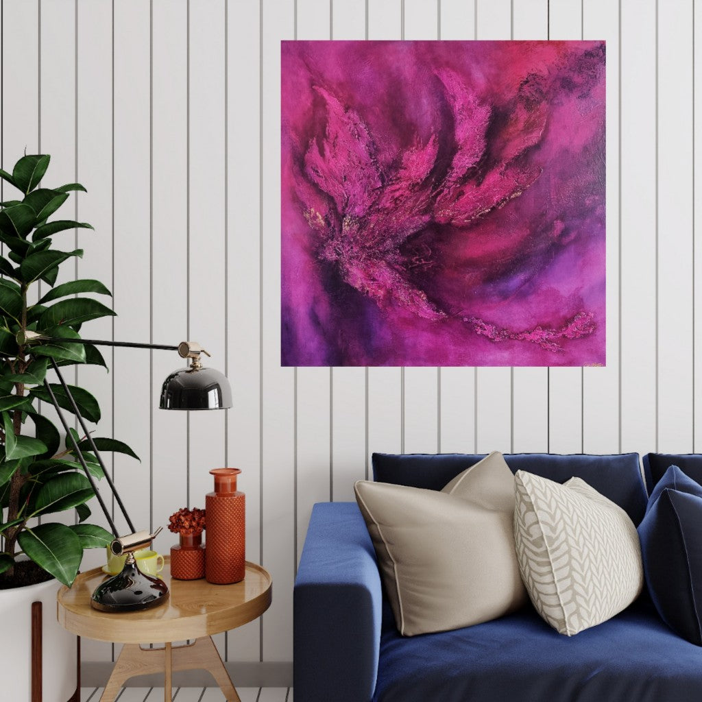 Oversized contemporary pink purple abstract art hanging in the modern living room.