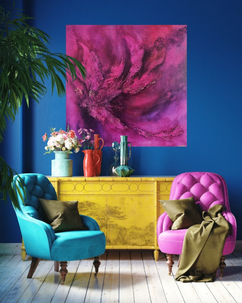 Oversized contemporary pink purple abstract art hanging in the colorful living room.