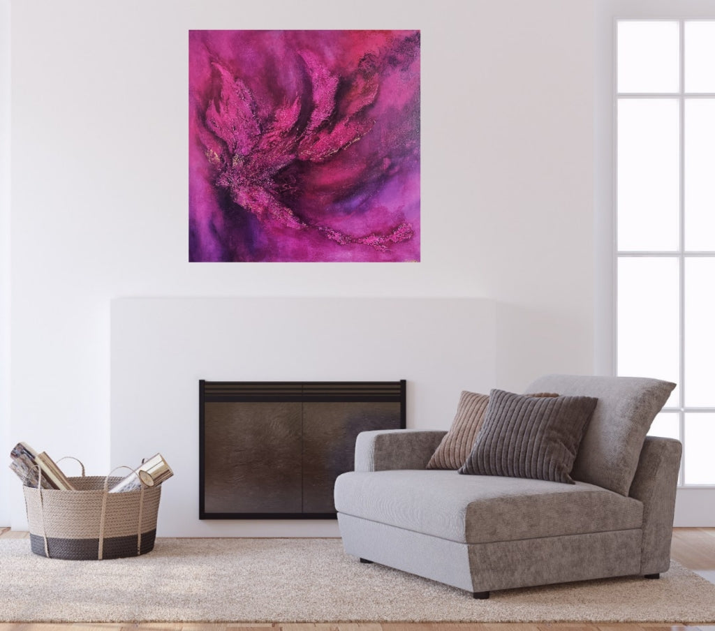 Large contemporary pink purple abstract art hanging above a modern style fireplace.