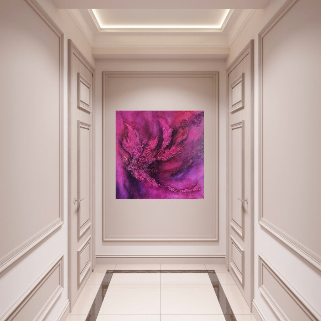 Large pink-purple textured painting on canvas in a luxury appartment.