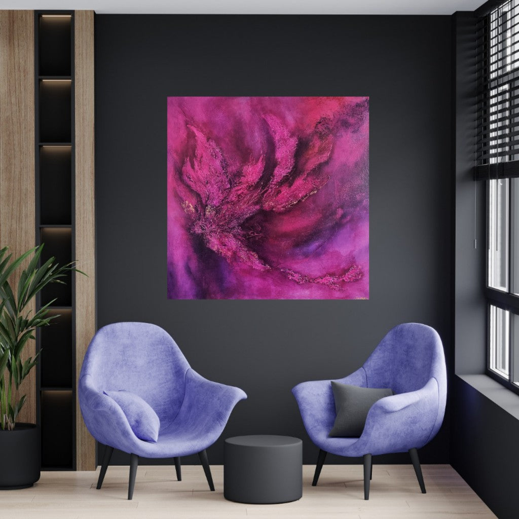 Large contemporary pink purple abstract art hanging in a modern scandinavian style home.