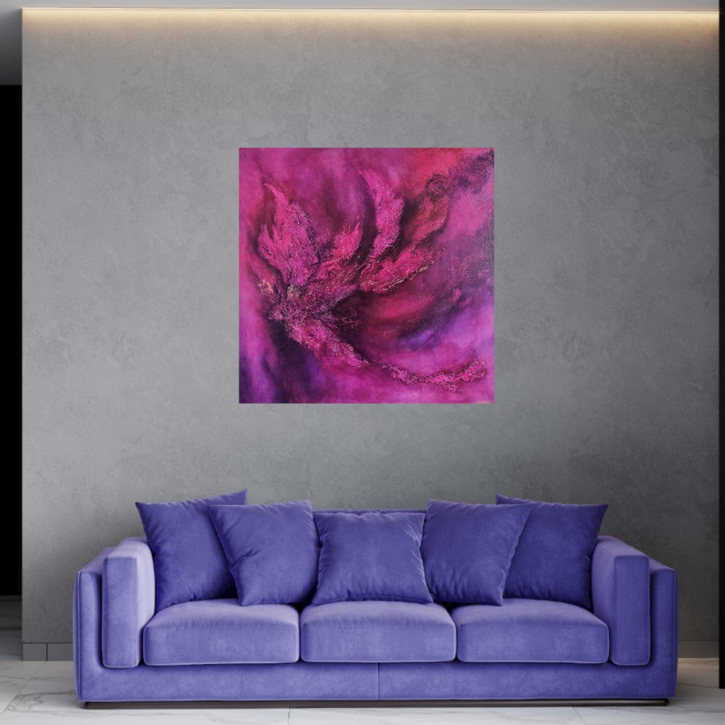 Large textured pink purple abstract painting above  a lavendel-lilac sofa.