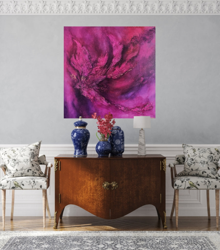 Large textured pink purple abstract painting in a paris style loft.