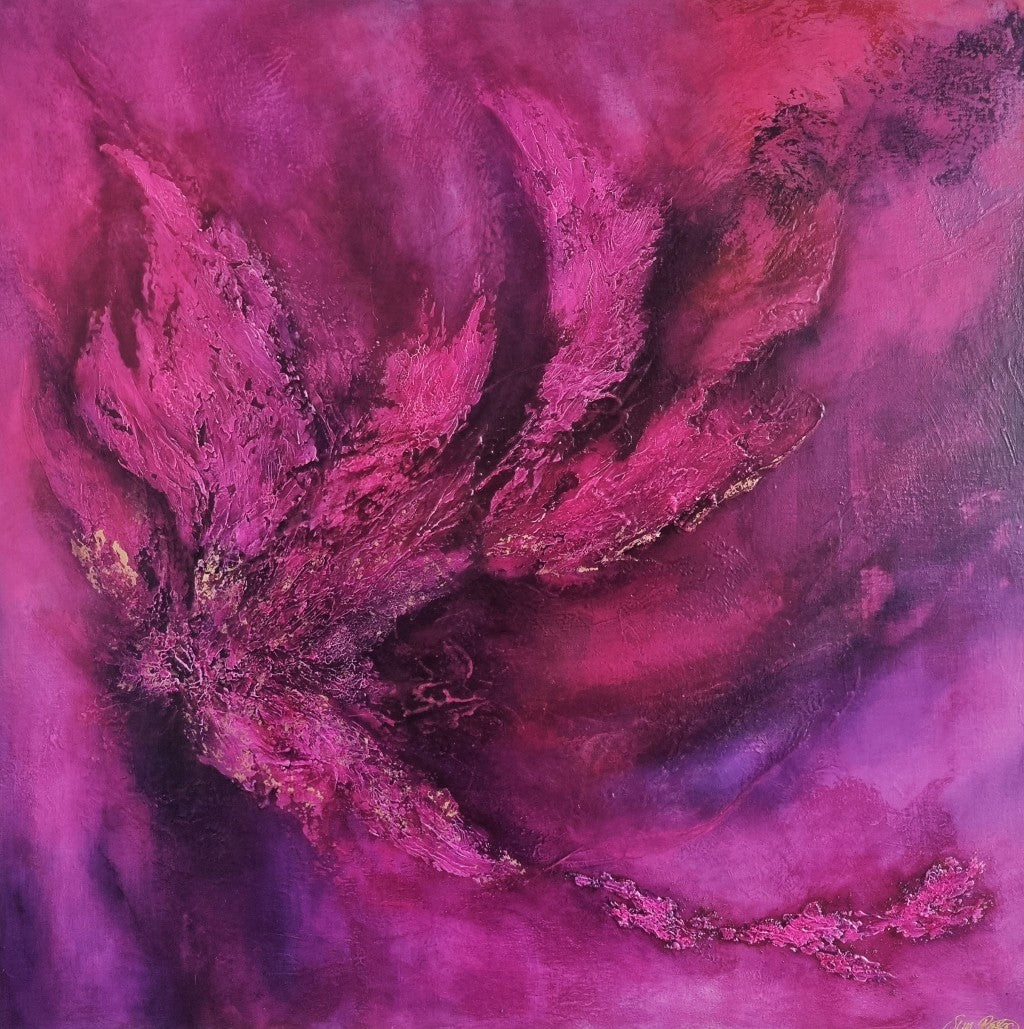 Large textured abstract painting with shades of pink, viva magenta, violet. Very powerful and full of energy.
